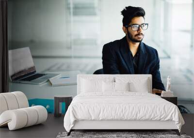 Indian Man Working At Computer In Contemporary Office Wall mural